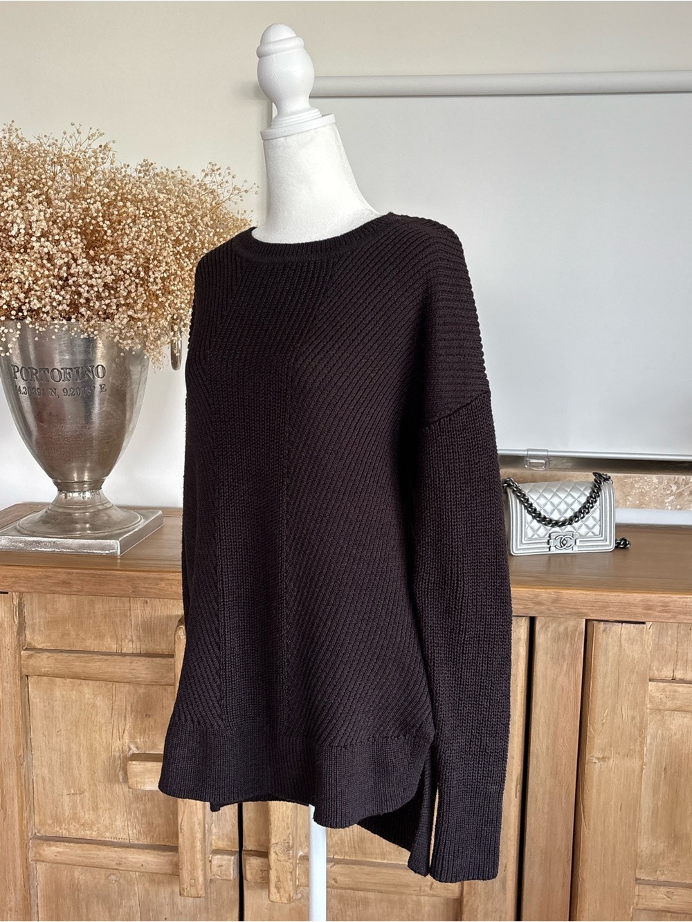 ATHLETA Merino Wool Blend Ribbed Sweater M Dark Chocolate High Low Tunic Cottage - Picture 4 of 14